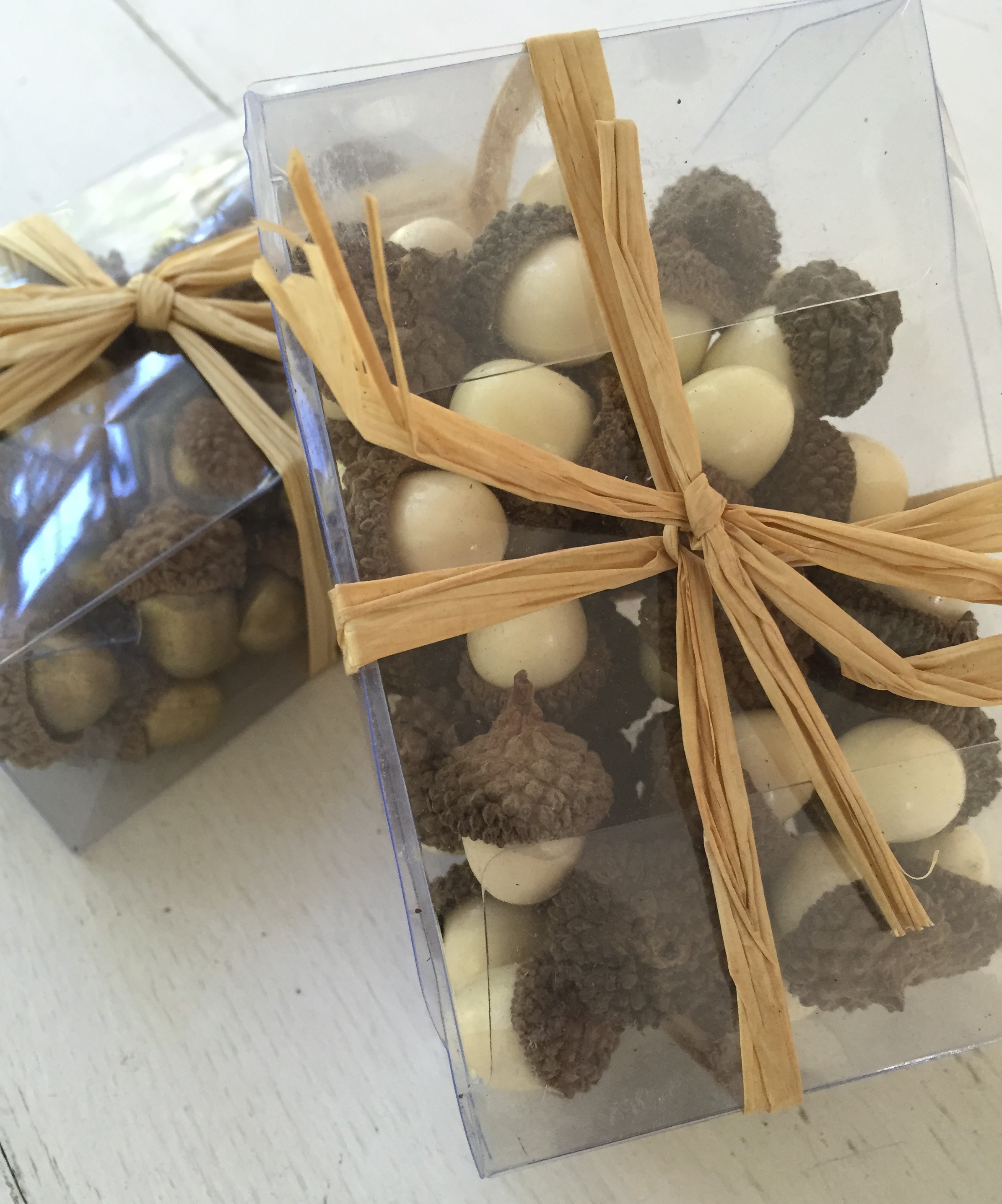 white & gold acorns