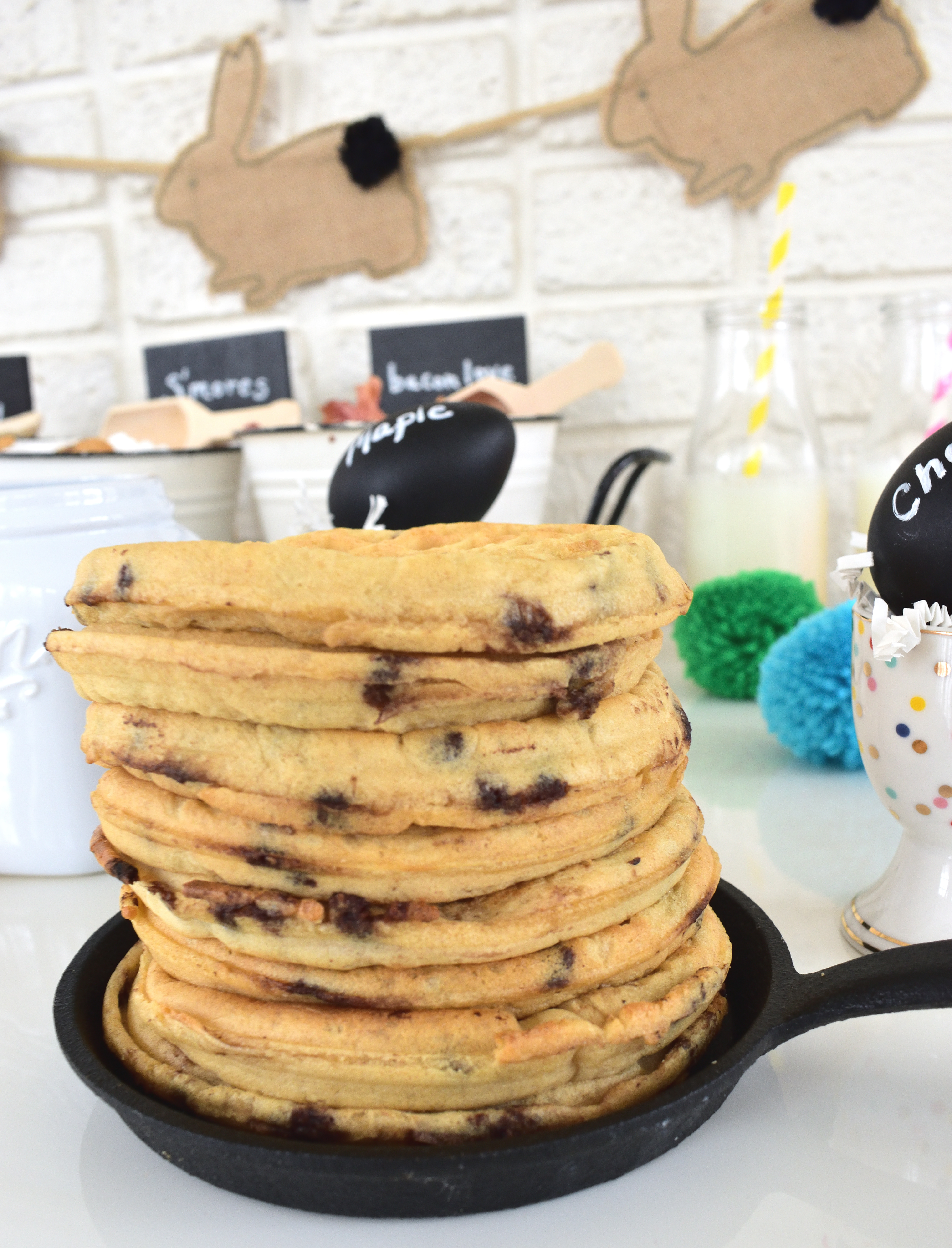 waffle bar, chocolate chip waffles