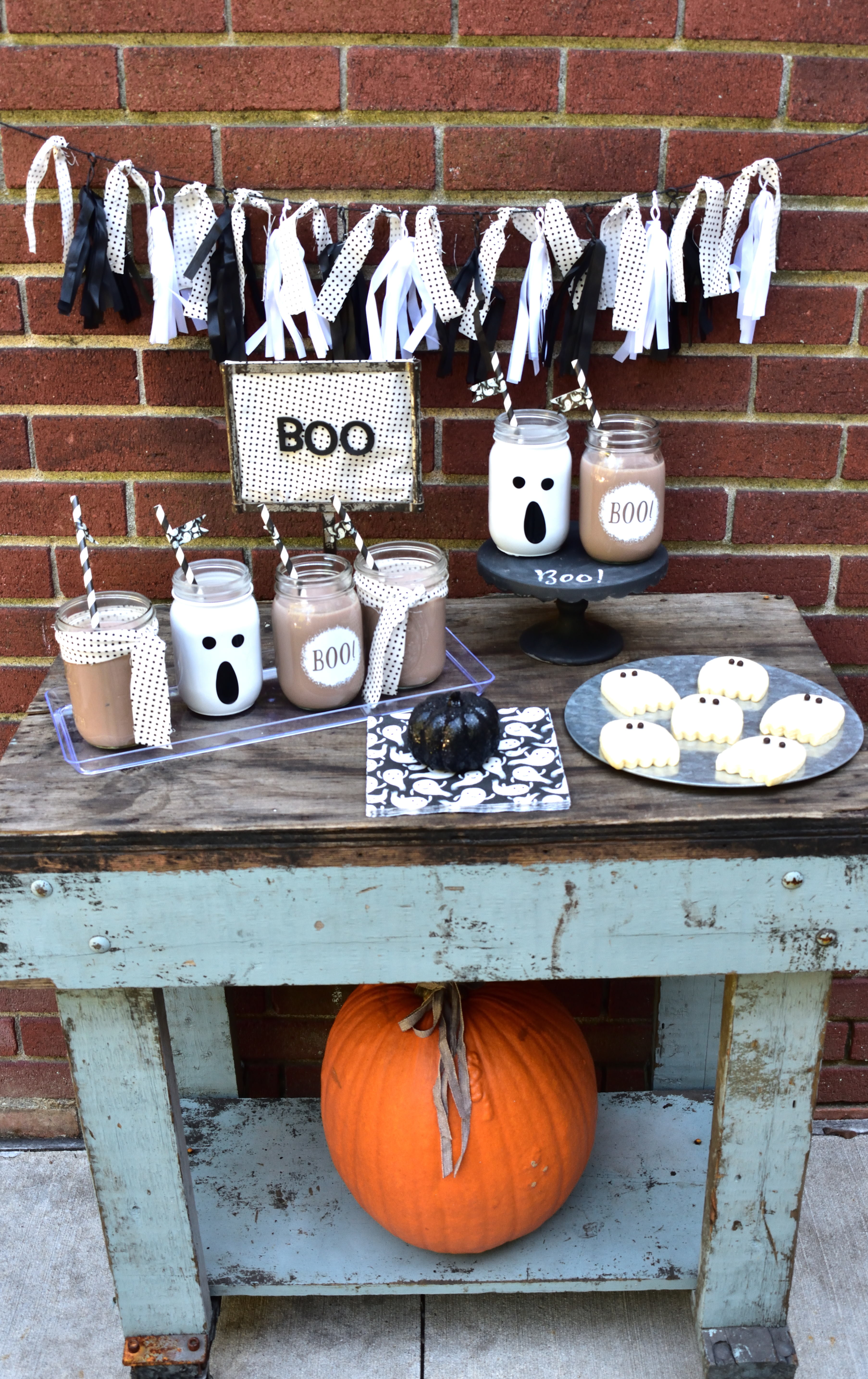 Halloween treat table, ghostly milk & cookies
