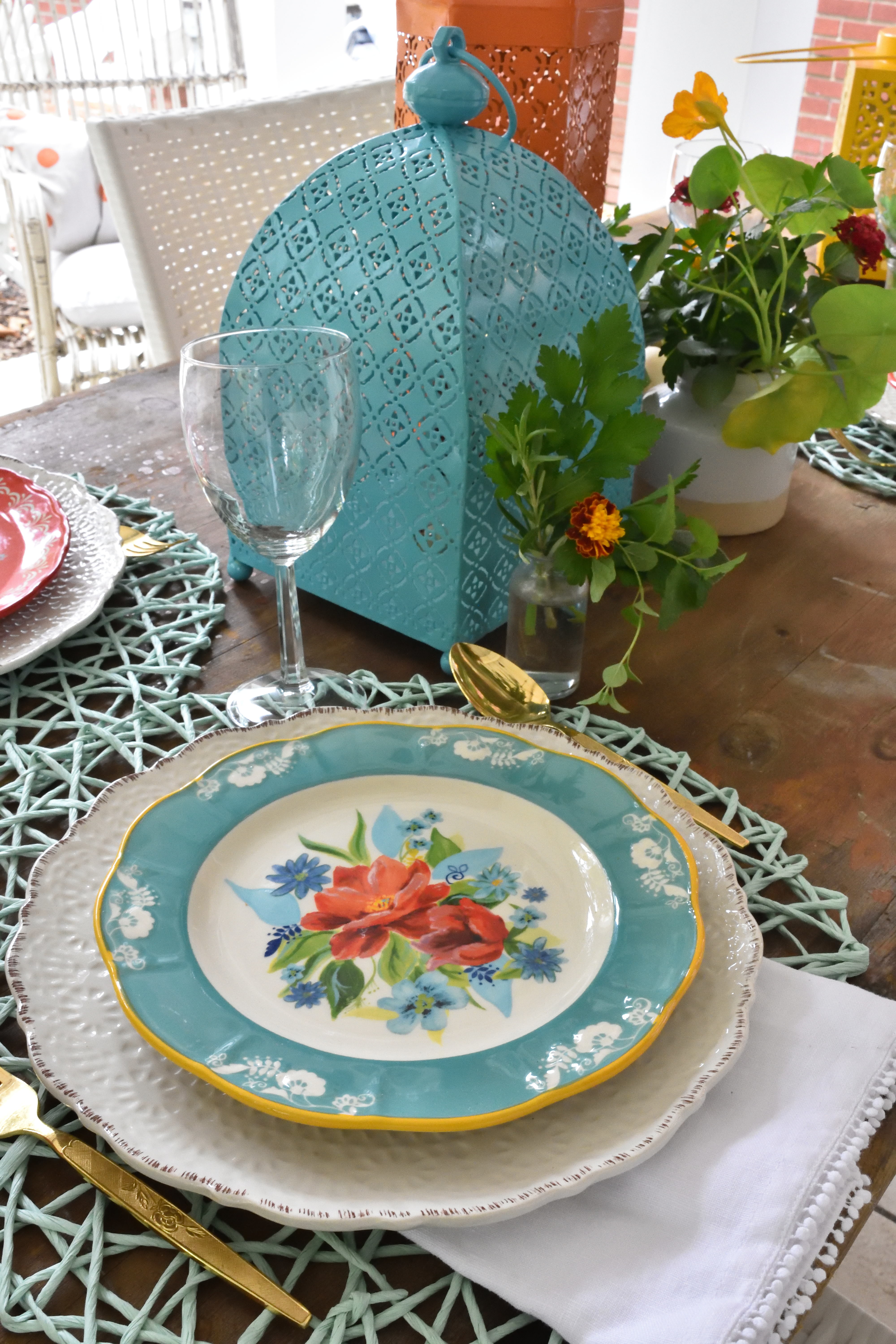 colorful floral plates & lanterns