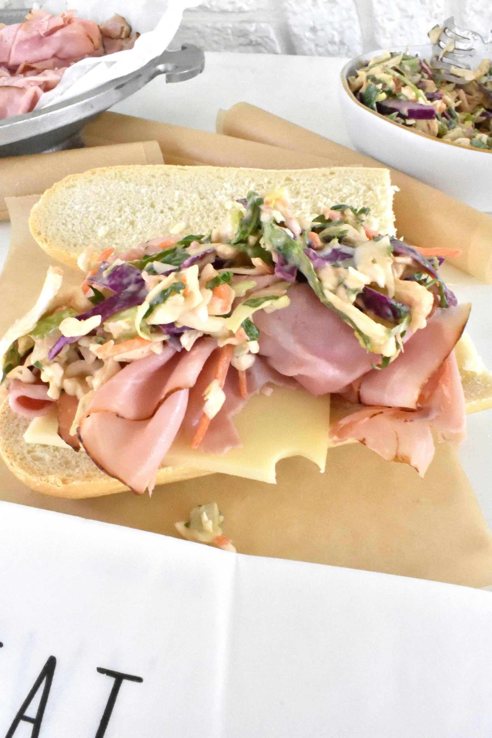 ham & gruyere, sriracha slaw sandwiches