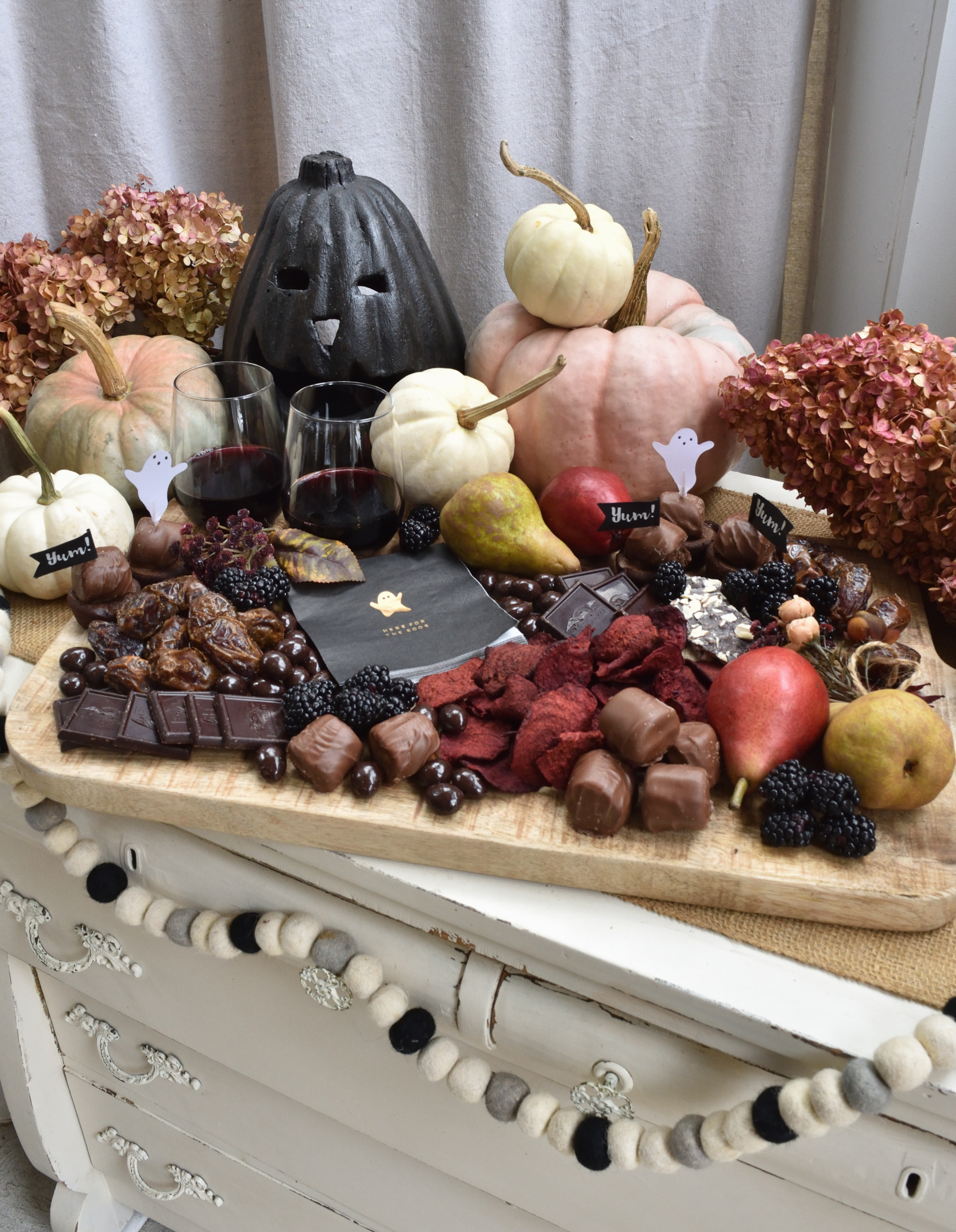 wine and chocolate charcuterie for Halloween