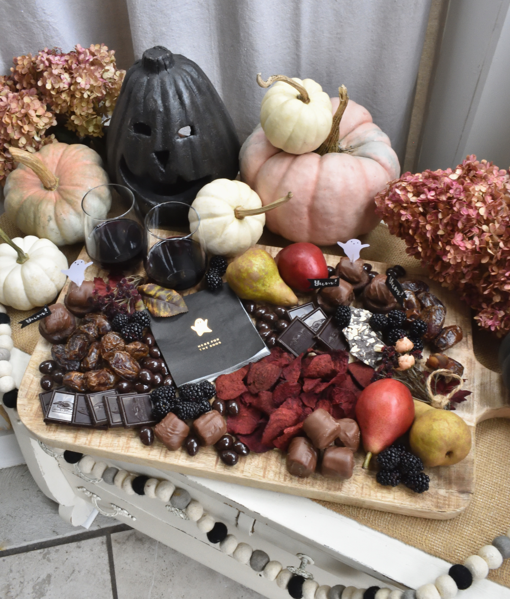 wine and chocolate charcuterie for Halloween