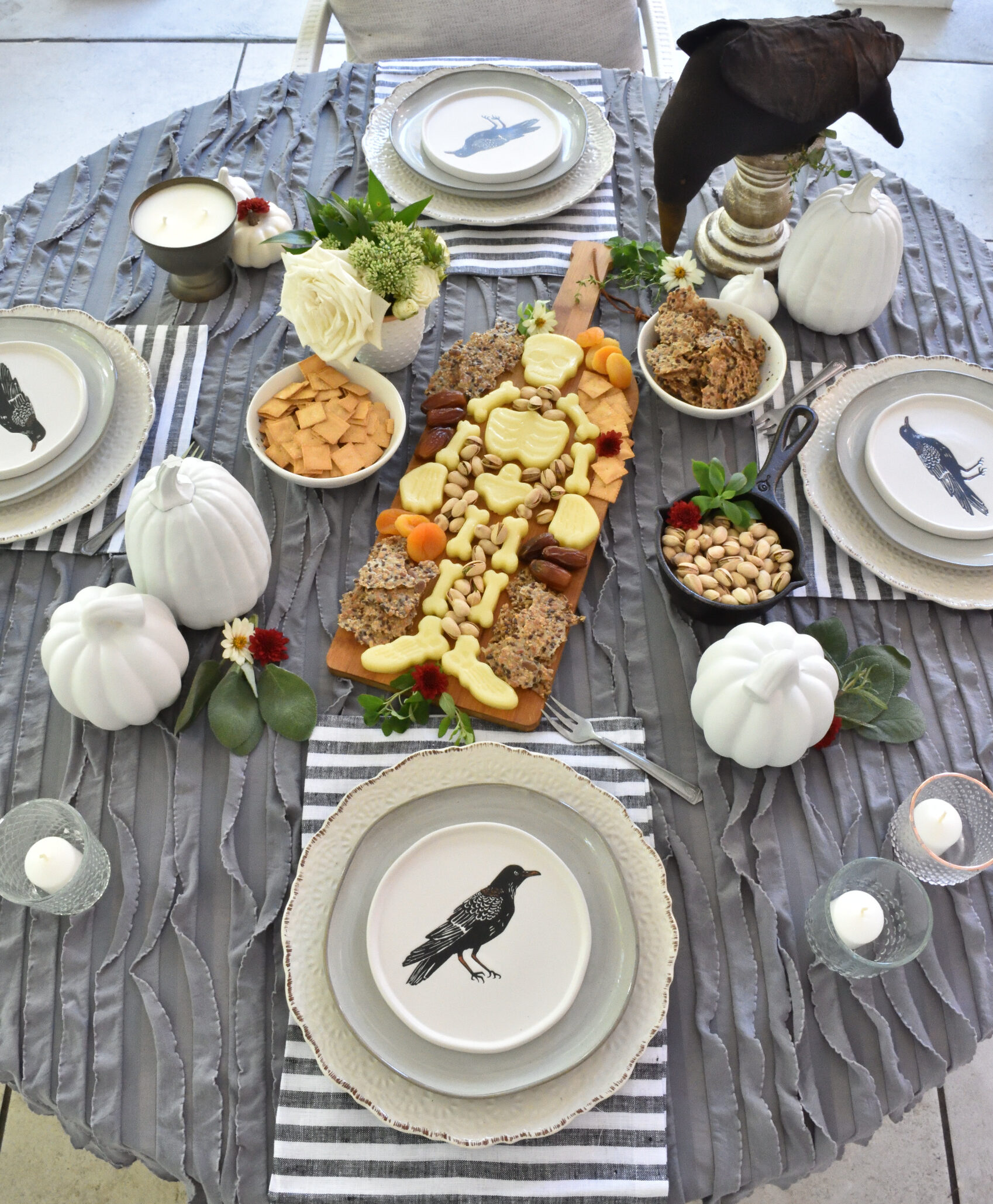 cheesy skeleton charcuterie table