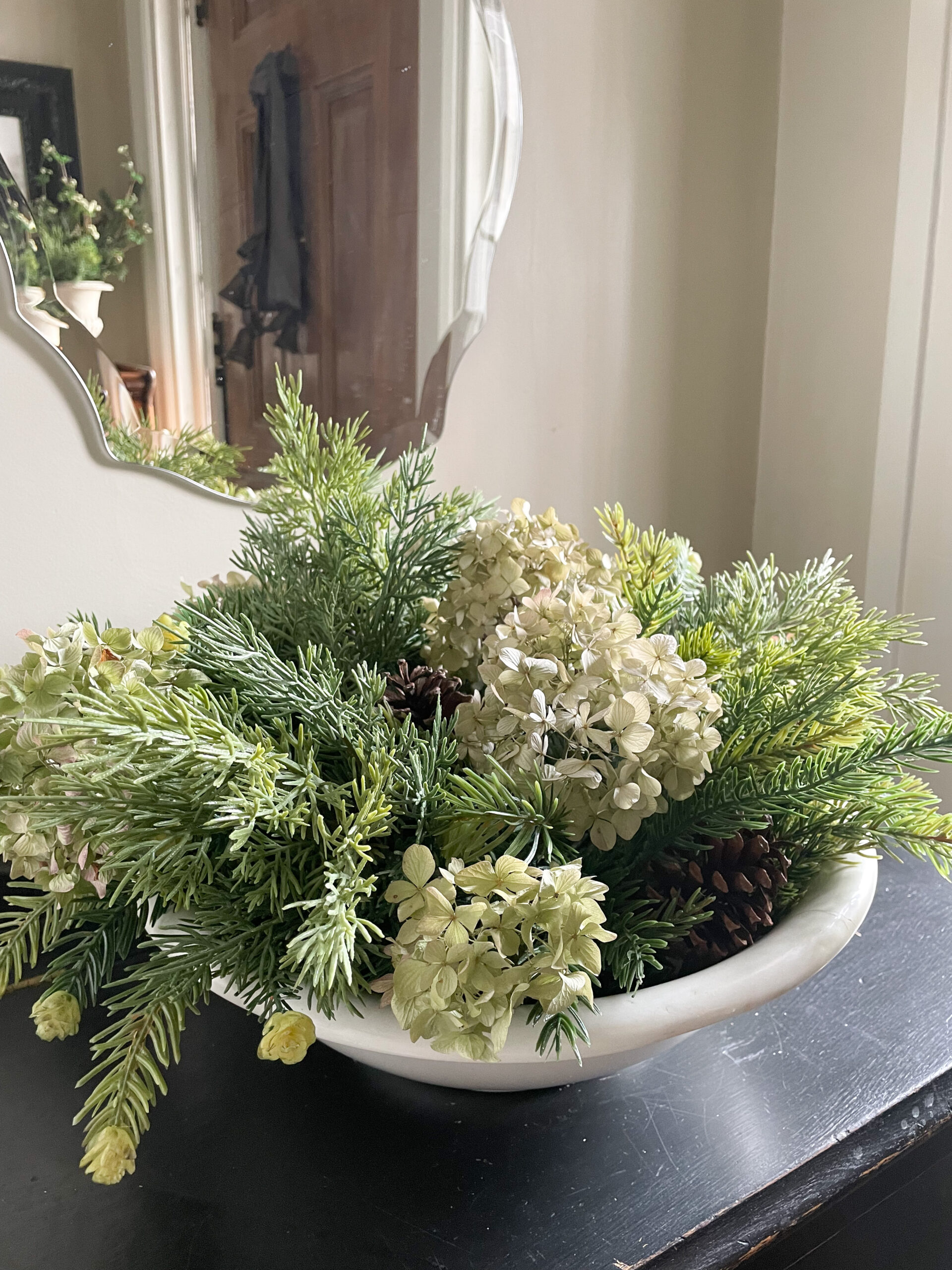 Christmas greens and hydrangea