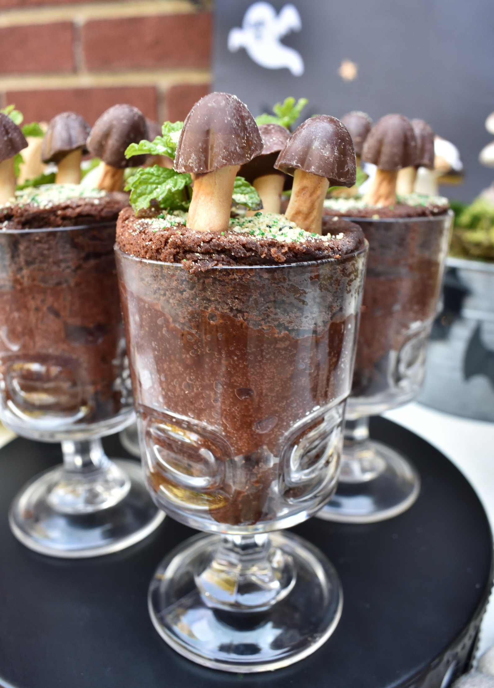 mini triffle cups with chocolate mushrooms